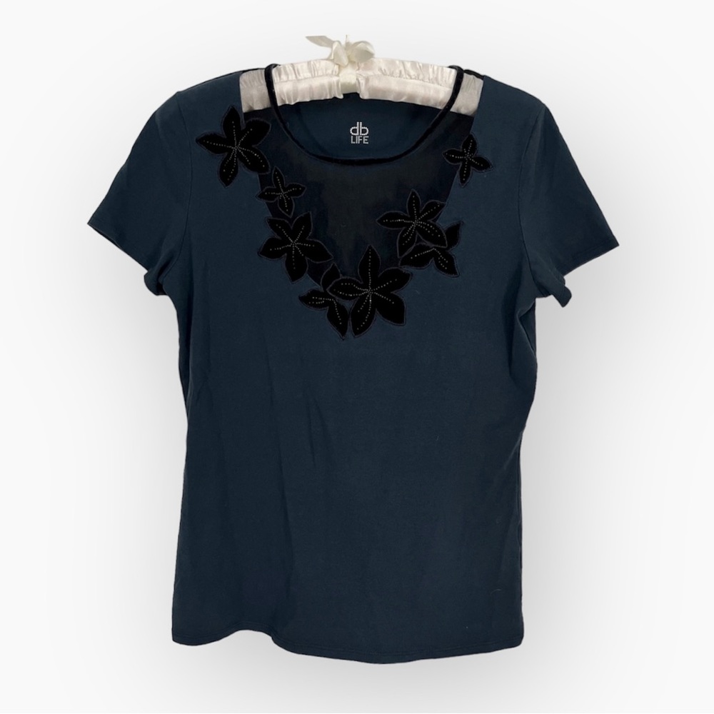 DB Life Navy Tee Shirt Dana Buchman Vintage Velvet Floral Mesh Top 90s VTG Sz XS